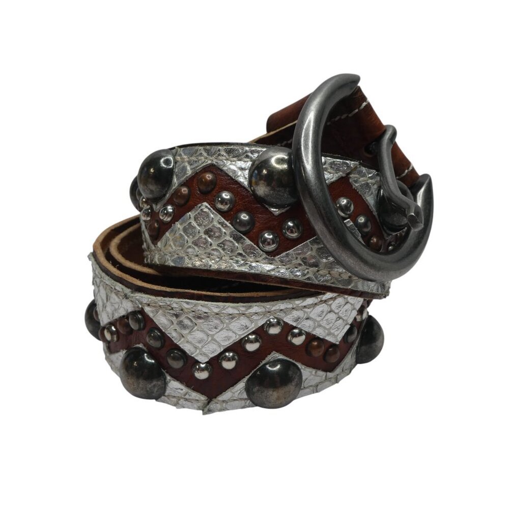 Aquara 3899 Brown Silver‎ Snakeskin Embossed Leather Metal Studded Western Belt